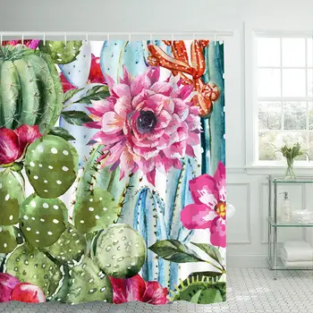 

Art Cactus Flower Shower Curtain Waterproof Polyester Fabric & Hooks Bathroom