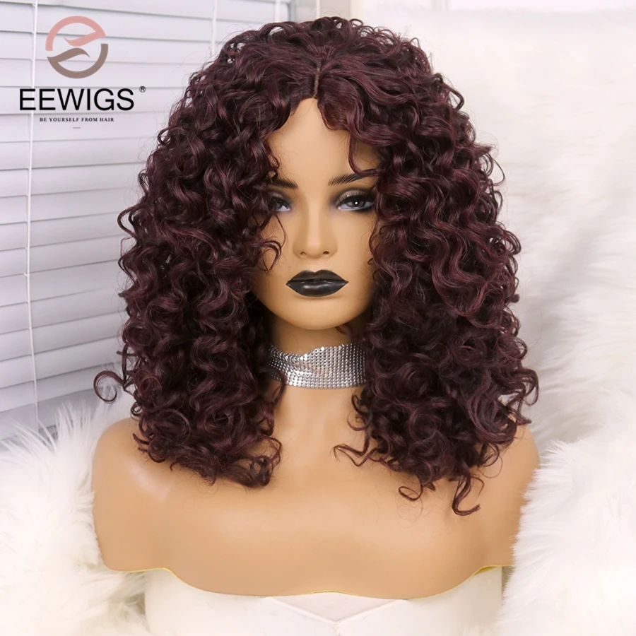 

EEWIGS Burgundy Lace Front Wig Short Curly Synthetic Wigs With Natural Middle Part 180% Density Pre Plucked 99J Bob Wigs