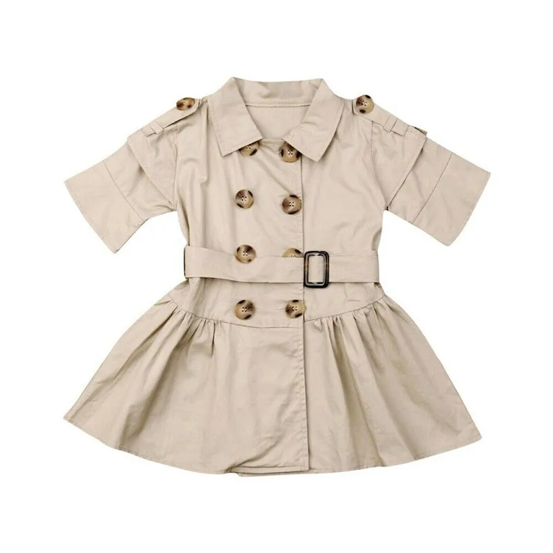 

2019 New Arrivals Kids Baby Girls Short Sleeve Clothes Double Breasted Wind Coat Belt Summer Children Girls Casual Dress 2-7Y