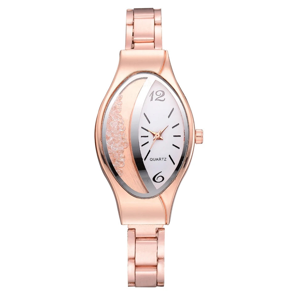 

Rose Gold Watches Women Stainless Steel Gold Roll Simulated Diamond Ellipse Creative Women Dress Watches Quartz Gift Clock LS878
