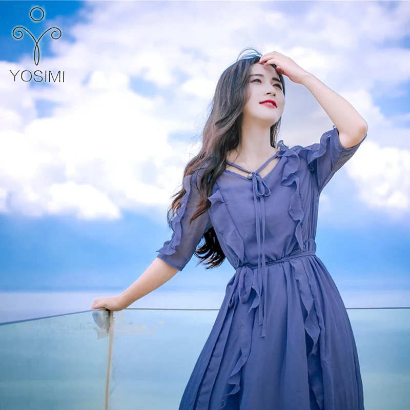 YOSIMI 2018 летнее длинное женское платье макси элегантные оборки феи с коротким