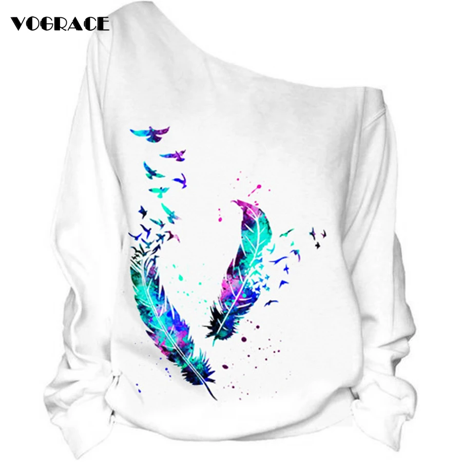 

VOGRACE Christmas Style Women 3d Sportswear Sweatshirt Print Off-The-Shoulder Bird Feather Eagle Hoodie Hooded Dress Top Hoody