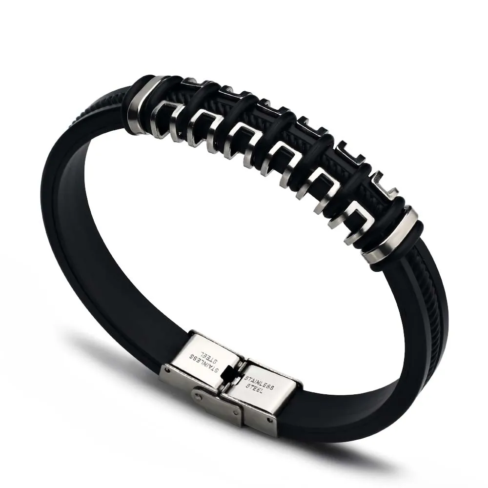 Bracelet Jewelry Trend Jewelry Vintage Black Silicone Cuff Bracelet Personalized Jewelry Rubber Stainless Steel Bracelet Men Pulsera Hombre