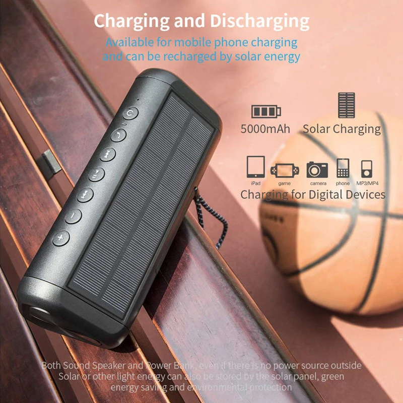 Солнечный Bluetooth динамик с 5000 мАч power Bank, Портативный беспроводной Bluetooth 4,2 динамик 12 Вт стерео сабвуфер бас, Ipx6 вода