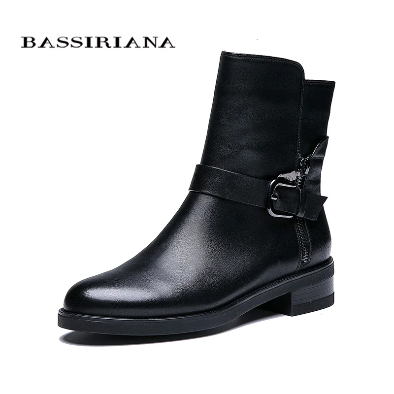 Bassiriana/Новые натуральная кожа женская обувь из овечьей кожи ботильоны с круглым носком, на молнии, с пряжкой весна осень черный 35-41 размер - Цвет: black