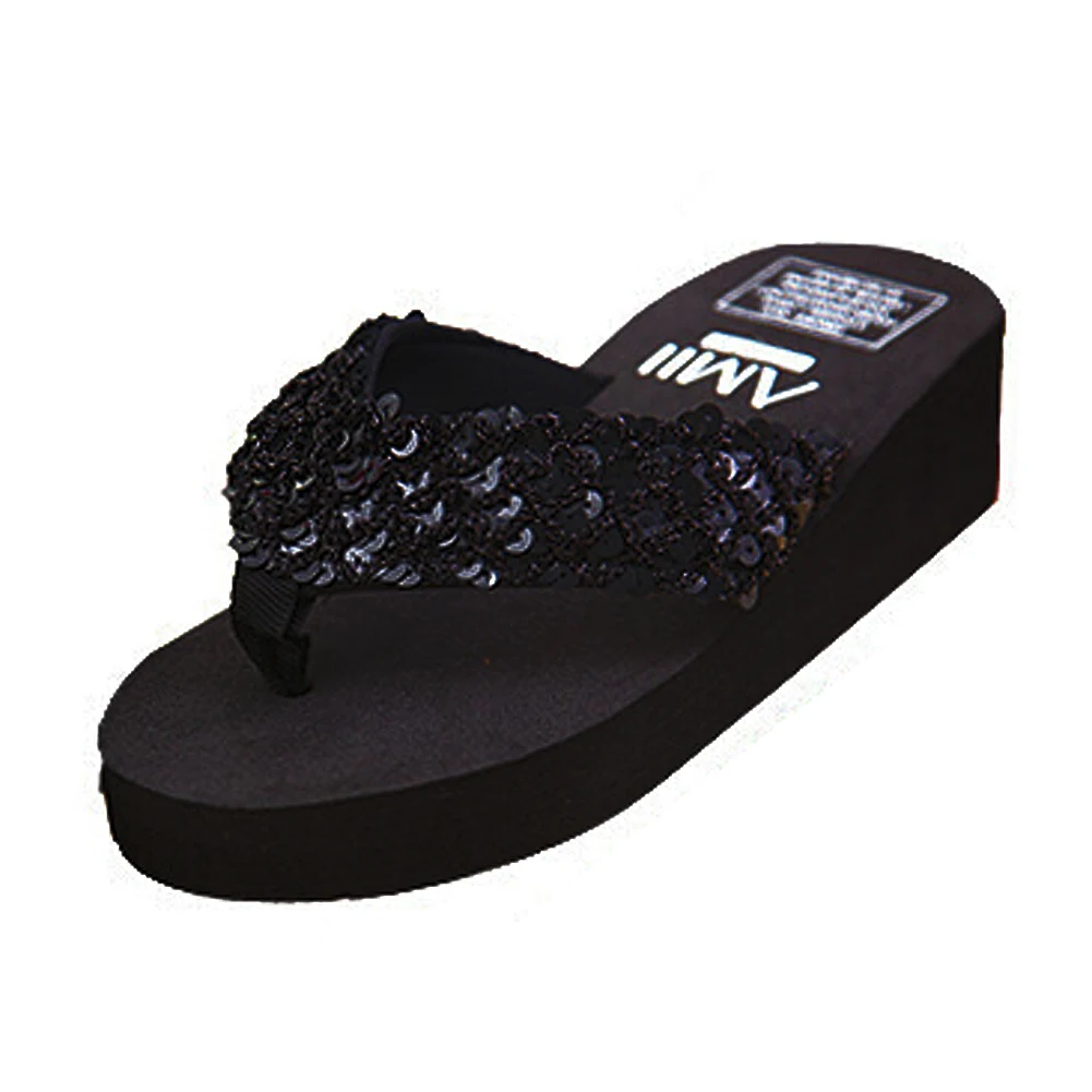 

New sandals female wedges platform elevator slip-resistant paillette beach flip flops US size 9 red
