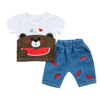 

2019 watermelon bear cute cartoon cotton suit boy children's clothing Korean summer fashion short sleeve suit