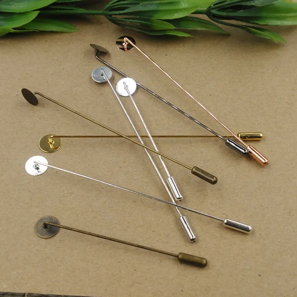 

50pcs 65MM 93MM Fit 10MM Pad DIY Rose gold copper lapel pin blank brooches long stick silver lapel pins base bezel setting badge