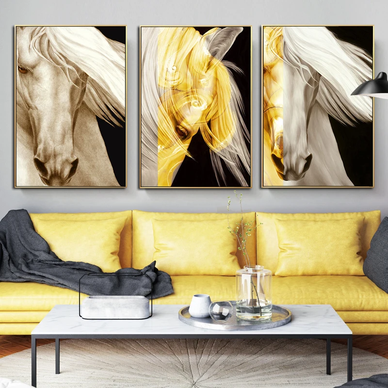 American Abstract Yellow Horse Head Modern Canvas Oil Painting Animal Poster Print Wall Pictures Room Background Decoration | Дом и сад