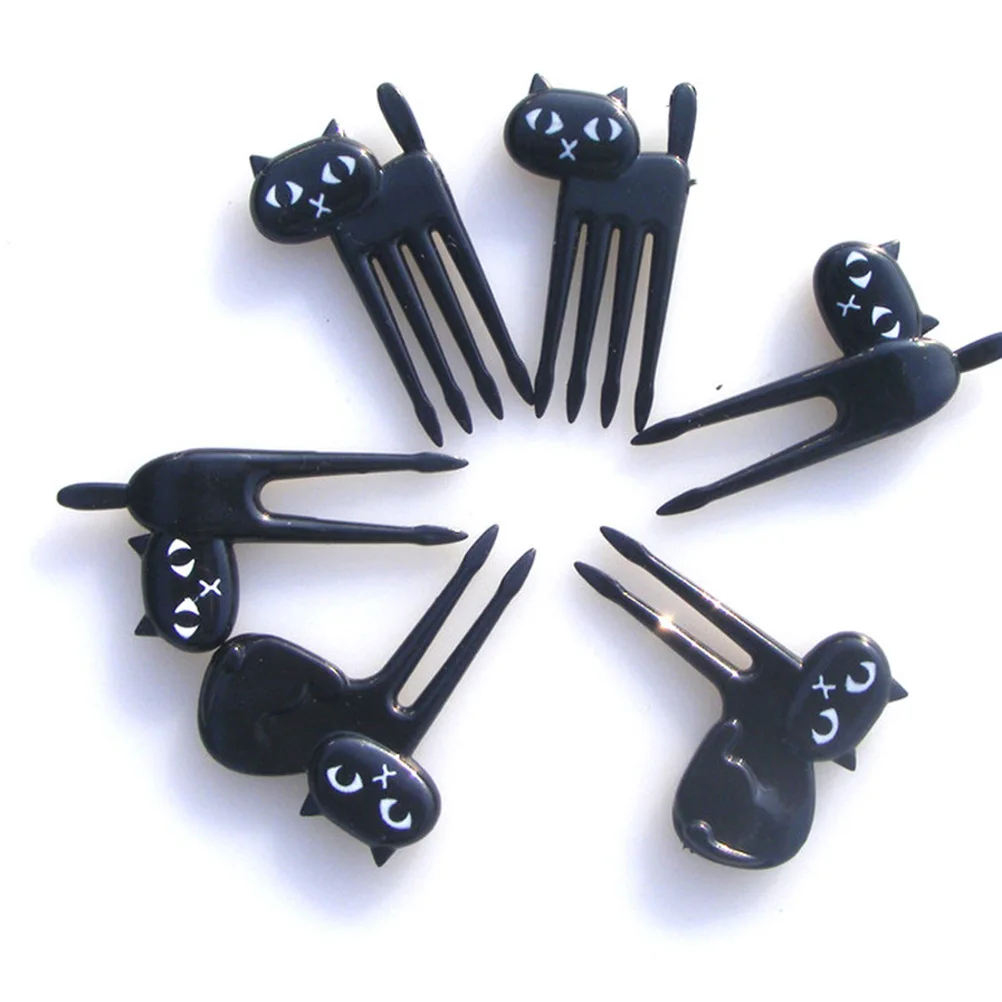 

6Pcs Mini Animal Cartoon Cat Fork Fruit Picks Cute Children Fork Bento Lunch Box Decor Accessories Black Color