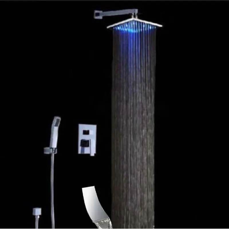 LED Square Rain Shower Head Waterfall Spout Hand Sprayer Mixer Tap Shower Faucet