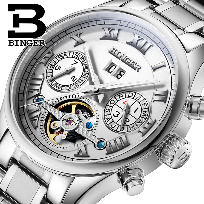 ФОТО Switzerland BINGER watches men luxury brand Tourbillon sapphire luminous multiple functions Mechanical Wristwatches B8602