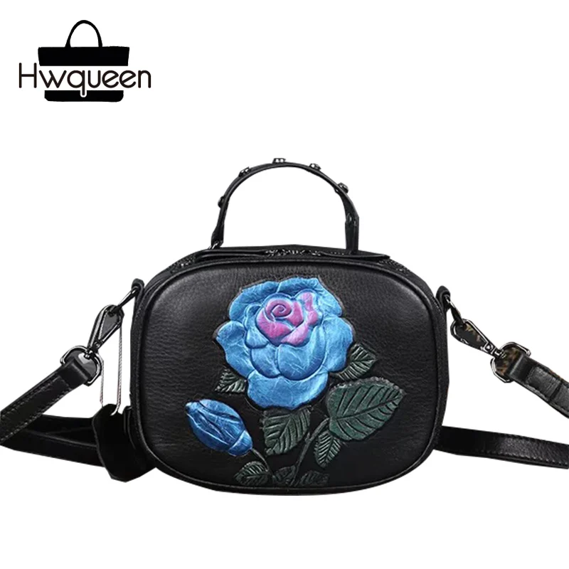 

Vintage Embossed Rose Flower Designer Ladies Rivets Mini Bag Genuine Cow Leather Women's Floral Handbag Girls Studs Shoulder Bag