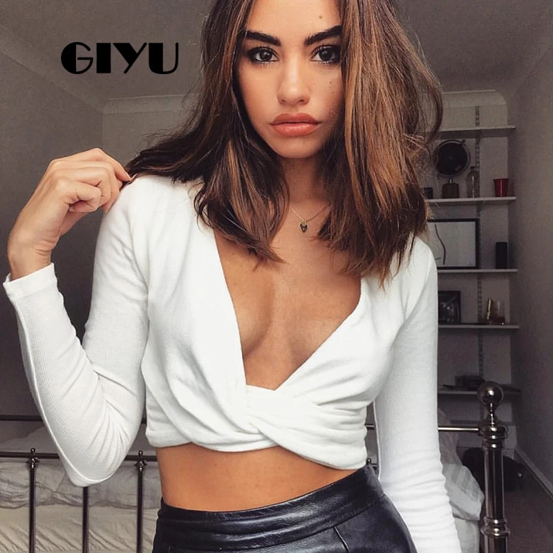 

GIYU Solid Long Sleeve T Shirt Spring Autumn Ruched Women Wrap Tee Sexy Slim Crop Tops Female V Neck camiseta mujer 2019