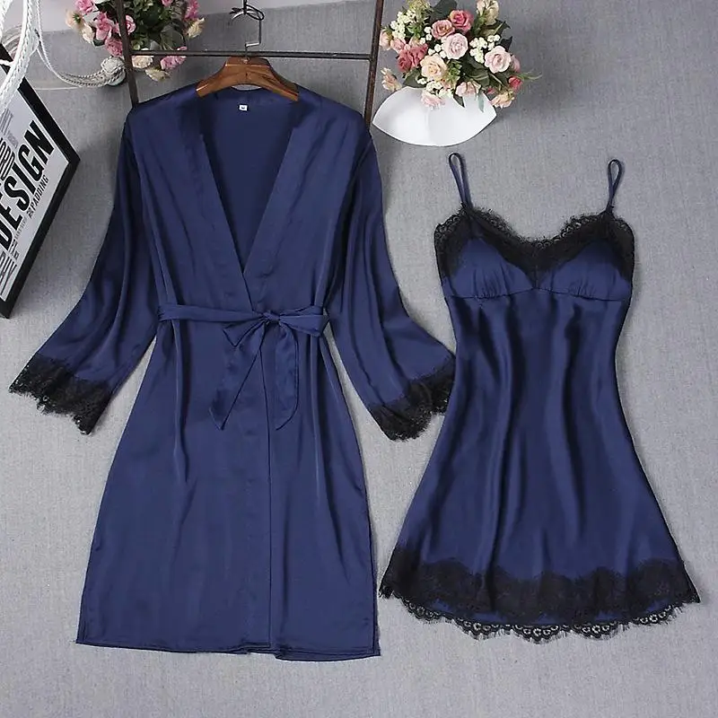 Темно-синий сексуальный халат для сна, кимоно, комплекты для сна, женские комплекты из 2 предметов, топ на бретелях, костюм, Повседневная Весенняя Домашняя одежда пижамы, одежда для сна, банное платье - Цвет: B - 1