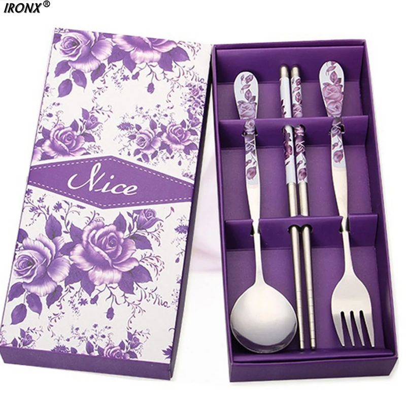 

IRONX Stainless Steel 3 in1 Travel Dinnerware set Cutlery 5 Color Chinese Gift for Friend Tableware 2D