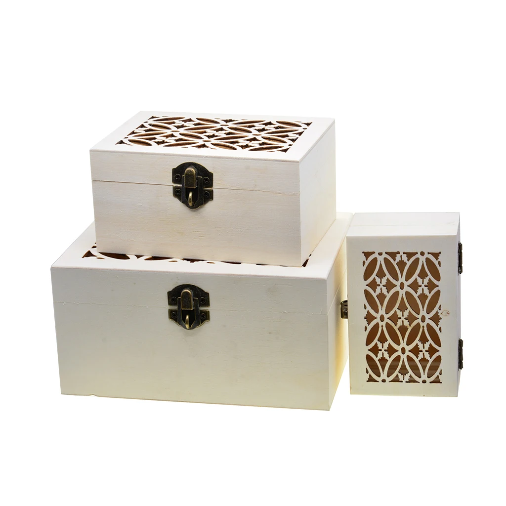 6pcs Natural Unfinished Wood Wooden Jewelry Gift Box Storage Case Organizer for DIY Painting Craft with Lid and Lock