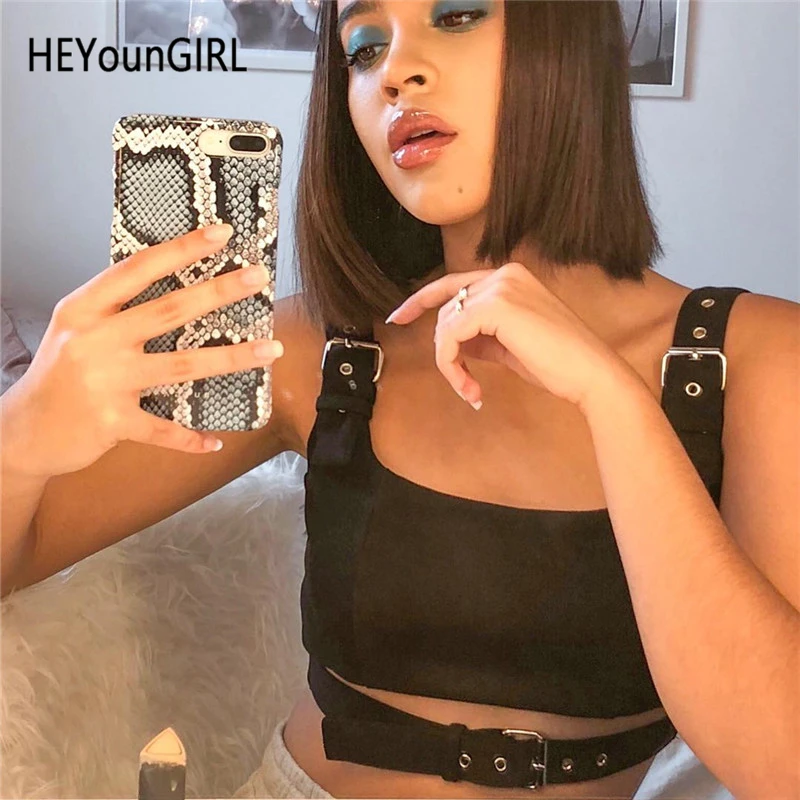 Черная Женская футболка HEYounGIRL в стиле панк Харадзюку сексуальный укороченный