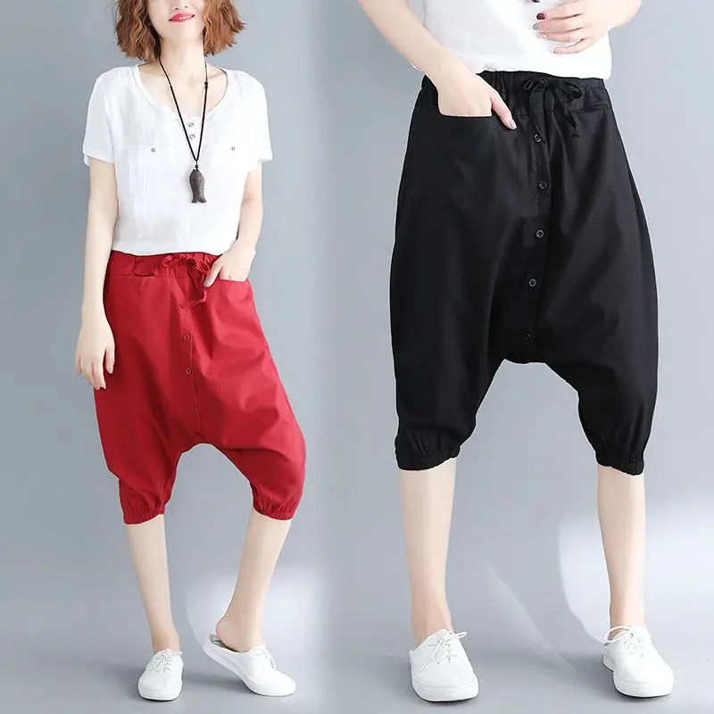 

Harajuku Harem Pants Women Baggy Low Drop Crotch Trousers New Elastic Waist Japan Cross-pants Hip Hop Wide Leg Bloomers 8153