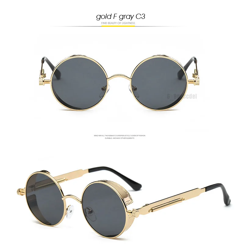 BANSTONE круглые солнцезащитные очки в металлической оправе мужской женский стимпанк модные очки Брендовая дизайнерская обувь в ретро-стиле Винтаж солнцезащитные очки UV400 - Цвет линз: C3 gold F gray