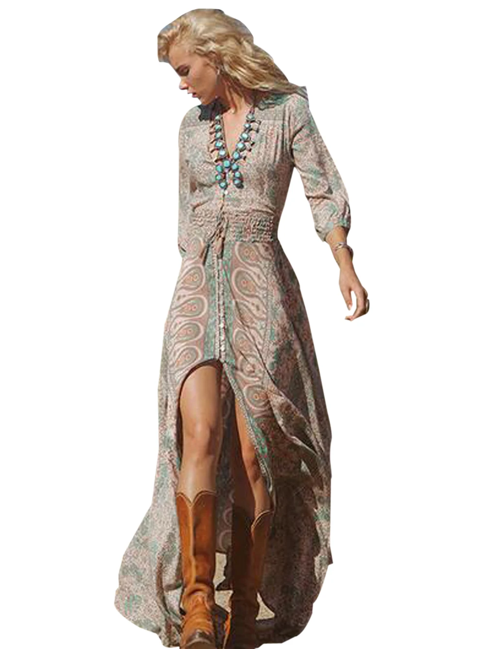 Front Slit High Low Long Maxi Boho Women Dress V Neck Tassel Elegant