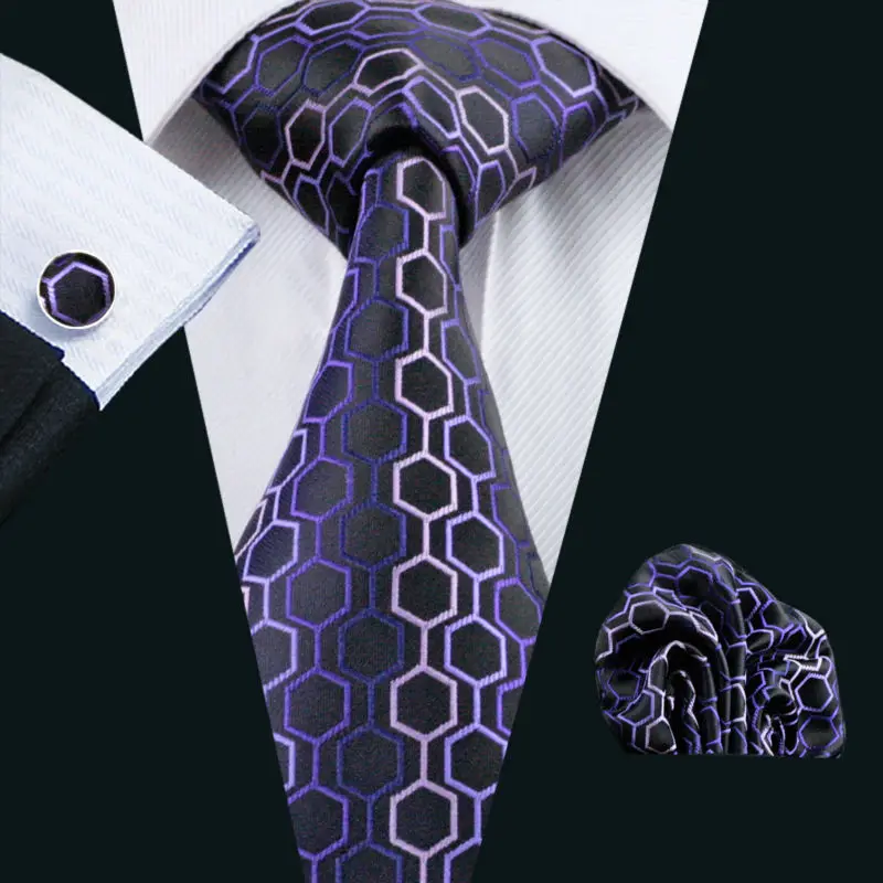 LS-623 Лидер продаж 2016 года Для мужчин галстук 100% шелк Новинка Геометрические жаккардовые галстук + платок + Запонки Набор для формальной