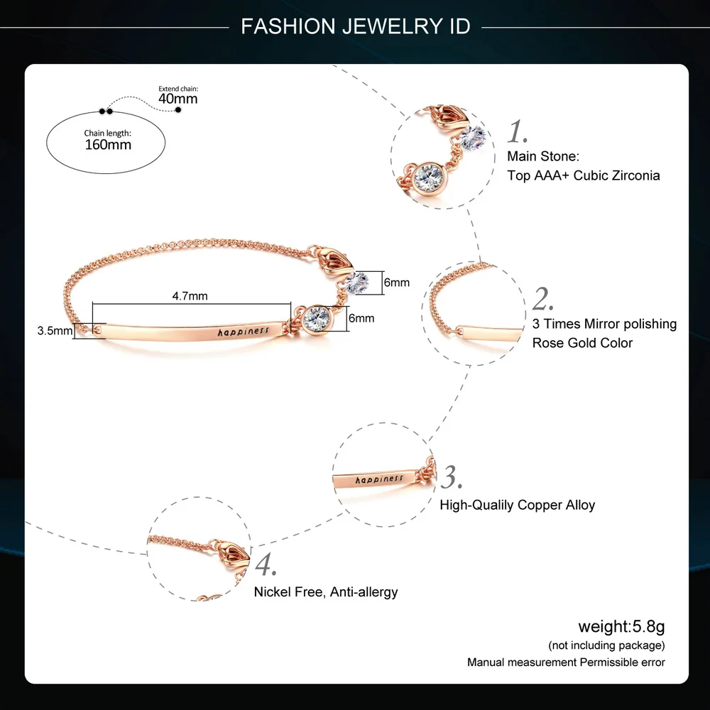 Word Happiness ID Bracelets for Women CZ Austrian Crystal 8 Items Rose Silver Gold Color Valentine's Day Fashion Jewelry H195