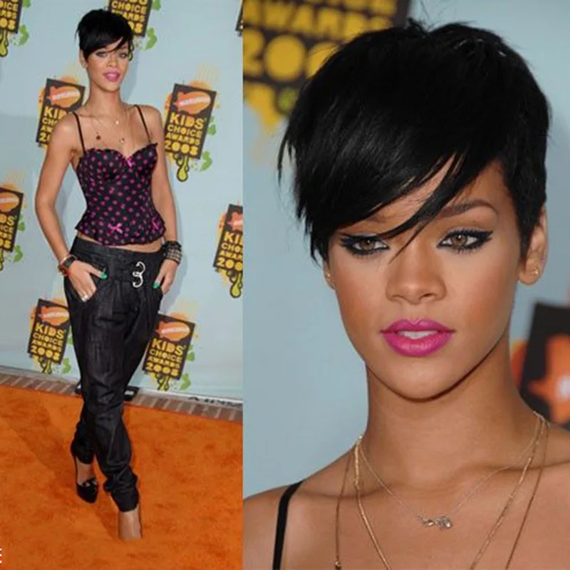 2017 New Court Coupe de Lutin Humains Cheveux Naturels Perruque Rihanna Plein Avant de dentelle de Bob Perruques Pour Les Femmes Noires Célébrité Perruques