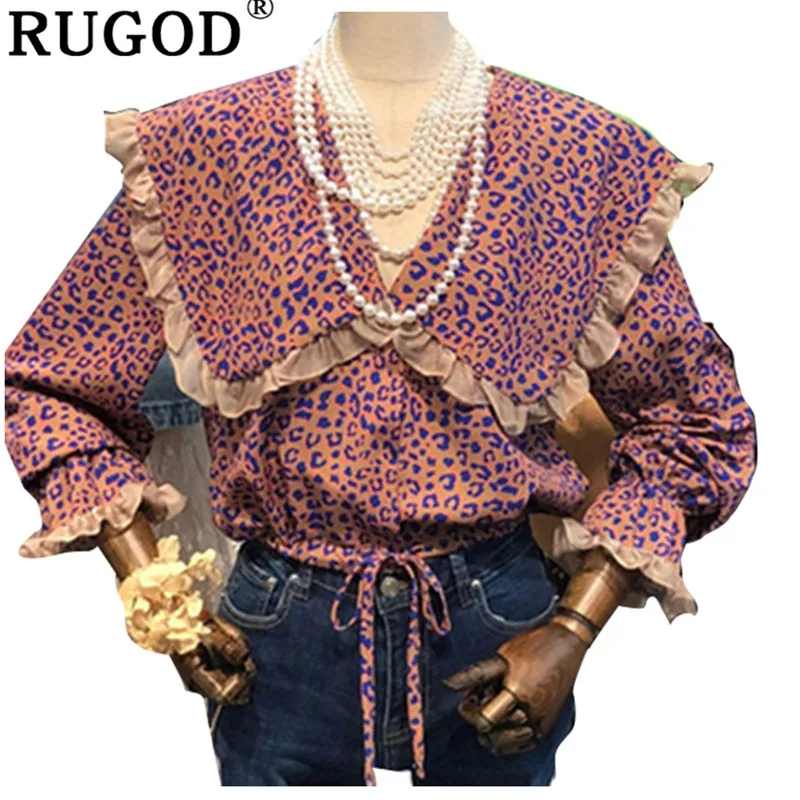 

RUGOD 2019 Women shirts Spring Leopard printed peter pan collar blouse female Fashion flare sleeve loose shirts blusas de mujer