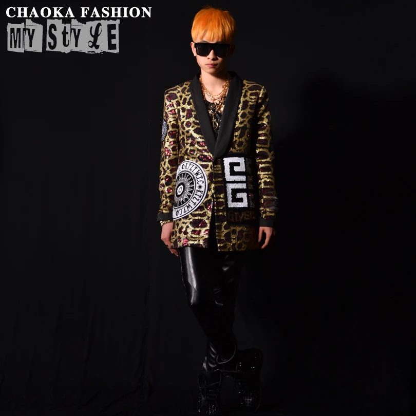 Mannelijke Mode Luipaard Pailletten slanke Pak DS kostuums Nachtclub Bar Zanger danser Stage wear Party tonen prestaties jas Mannelijke Mode Luipaard Pailletten slanke Pak DS kostuums Nachtclub Bar Zanger danser Stage wear Party tonen prestaties jas