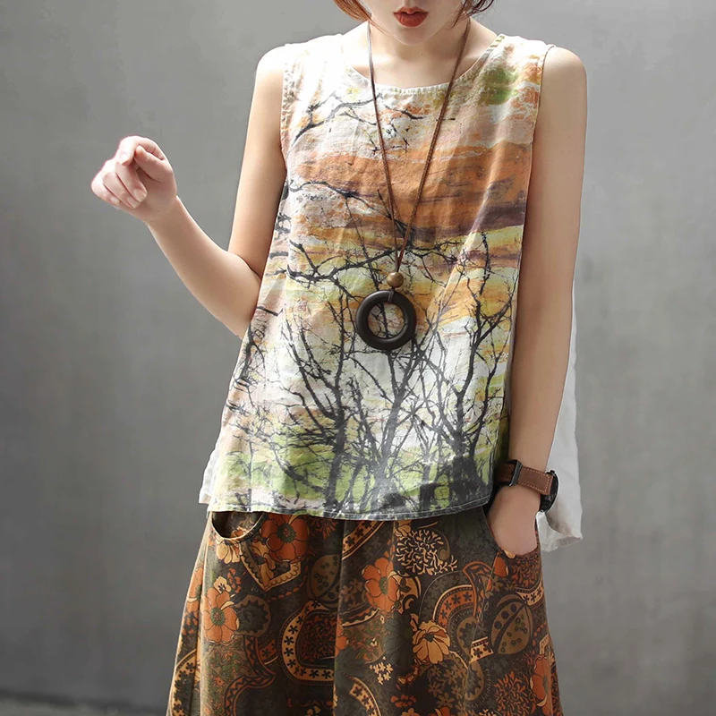 

QPFJQD Vintage Painted Tanks Women'S Sleeveless Summer Linen T-Shirt Luxurious Ink Landscape Pattern Ladies Printing Vest Tops