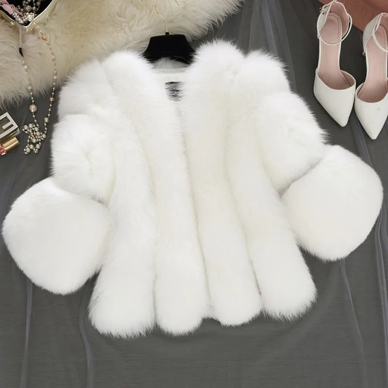 Женские осенне-зимние короткие меховые пальто 3/4 рукав имитация лисы меховая куртка женская повседневная верхняя одежда из искусственного меха S-4XL