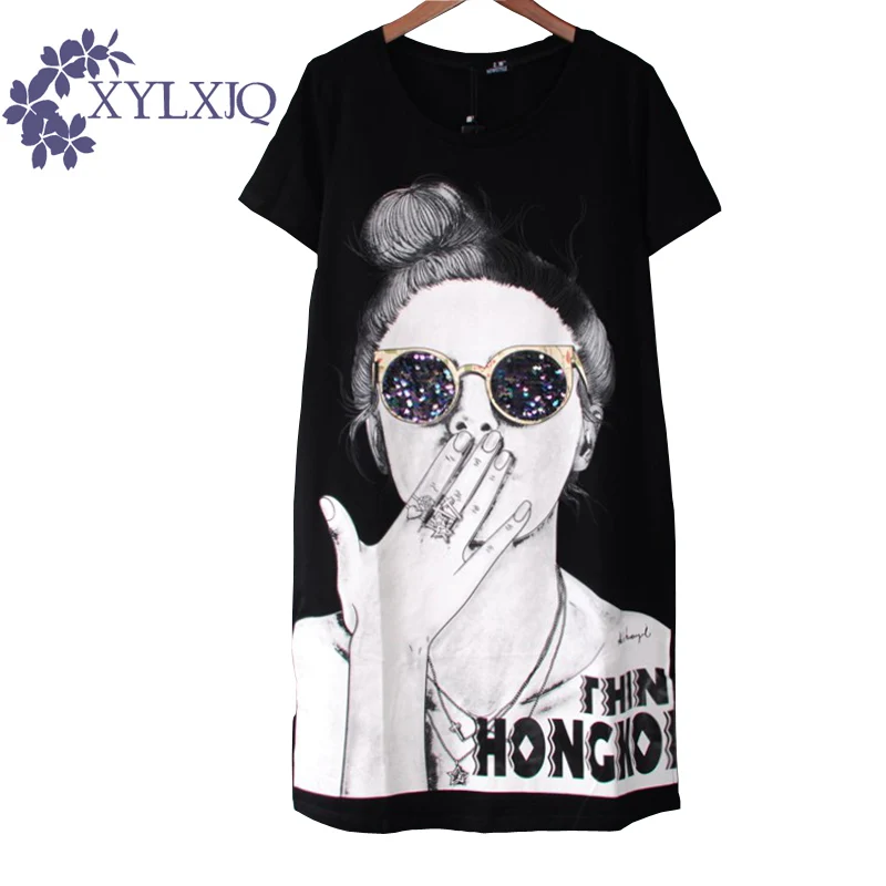XYLXJQ 2017 Summer Hot T Shirt Women Short Sleeve Sequined Sunglasses Cartoon Print T-shirt Plus Size Loose Tops HX142 | Женская одежда