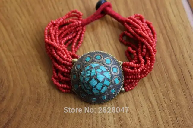 Br357 Ethnic Tibetan Charm Bracelet Multi Rows Red Mini Beaded Br357 Ethnic Tibetan Charm Bracelet Multi Rows Red Mini Beaded Bracelets Nepal Handamde On Clasp Women
