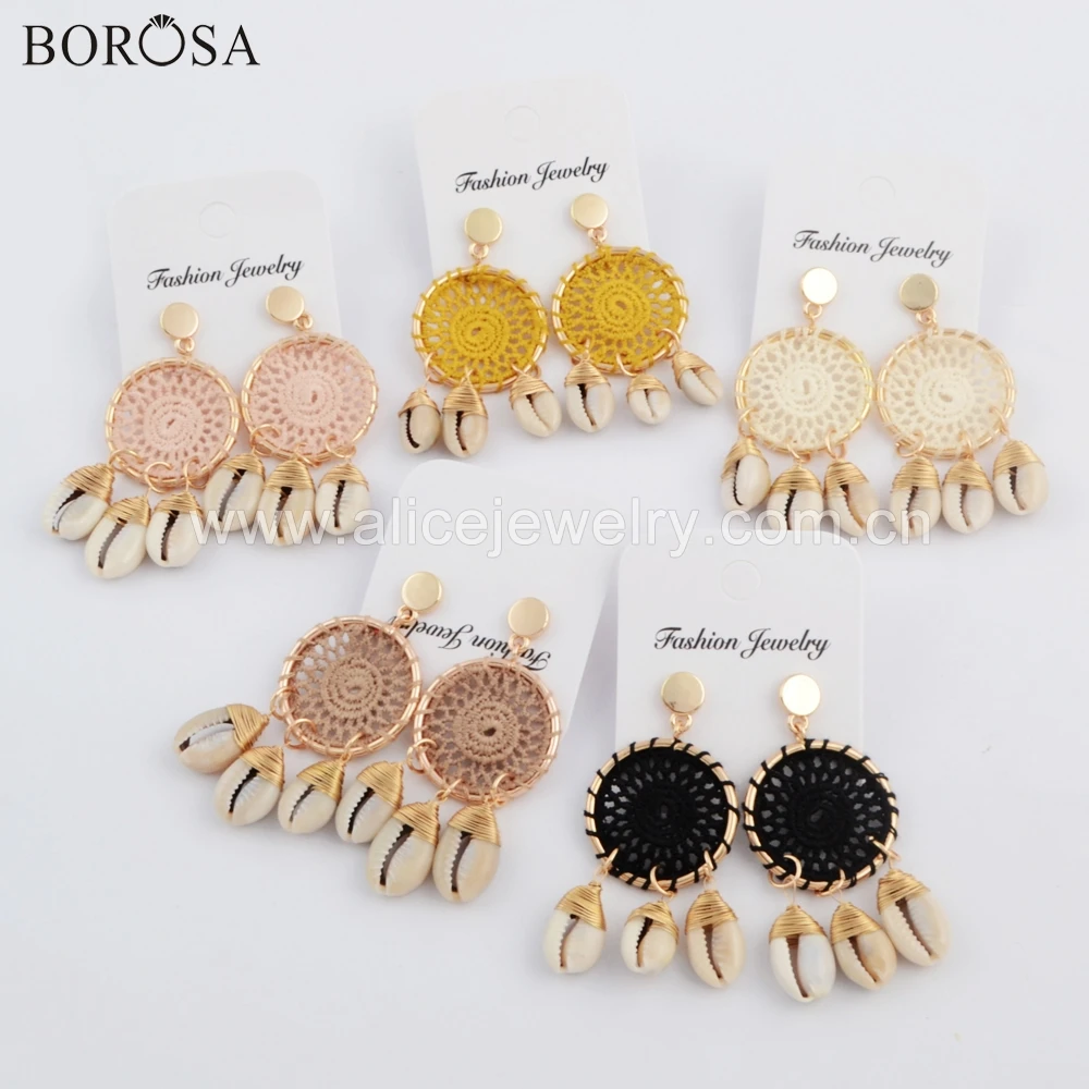 

BOROSA 10Pairs Fashion Gold Color Net Wave Wire Wrap Natural Cowrie shell Drop Earrings Jewelry Mixed for Lady as Gift WX1077