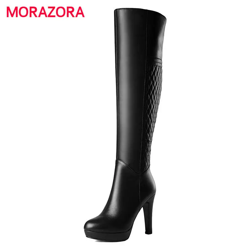 

MORAZORA 2018 new autumn winter super high heel platform boots fashion round toe square heel knee high boots zip shoes women