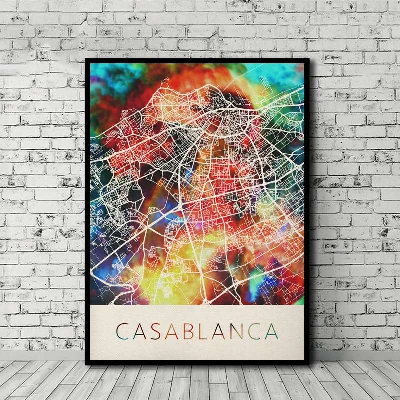 

Casablanca Morocco Watercolor City Map Poster Nordic Style Canvas Print Home Decor No Frame