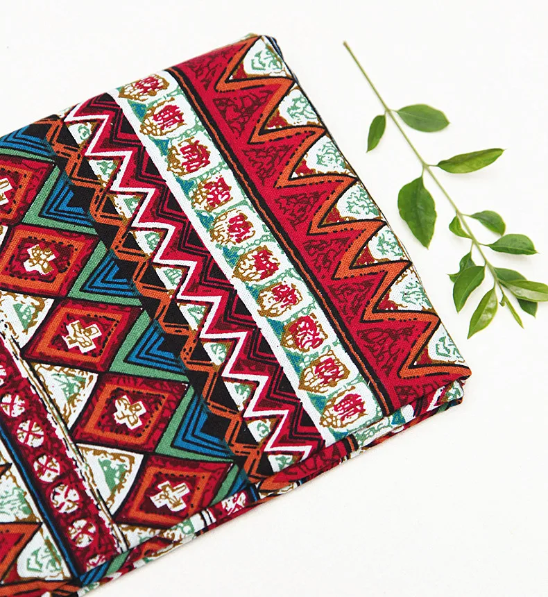 

50x145cm Soft Linen Cotton Fabric Ethnic Red Floral Printed Pattern Fabrics Meter for Sewing Table Cloth Curtain Tissue Cloth