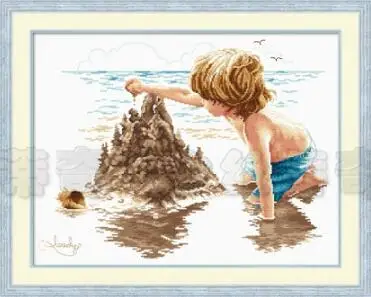 

Gold Collection Beautiful Counted Cross Stitch Kit Sandcastle Boy Child at Seaside Sand Shore dome