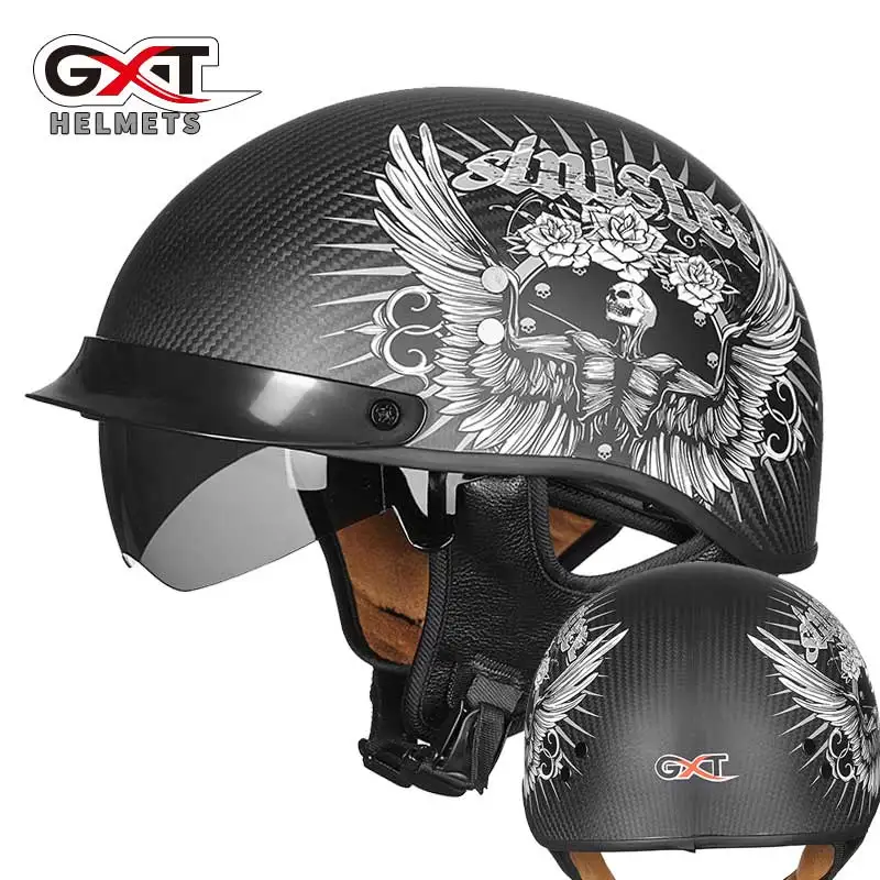 GXT Carbon Fiber half face motorcycle helmet DOT approved light weight c with inner sunglasses