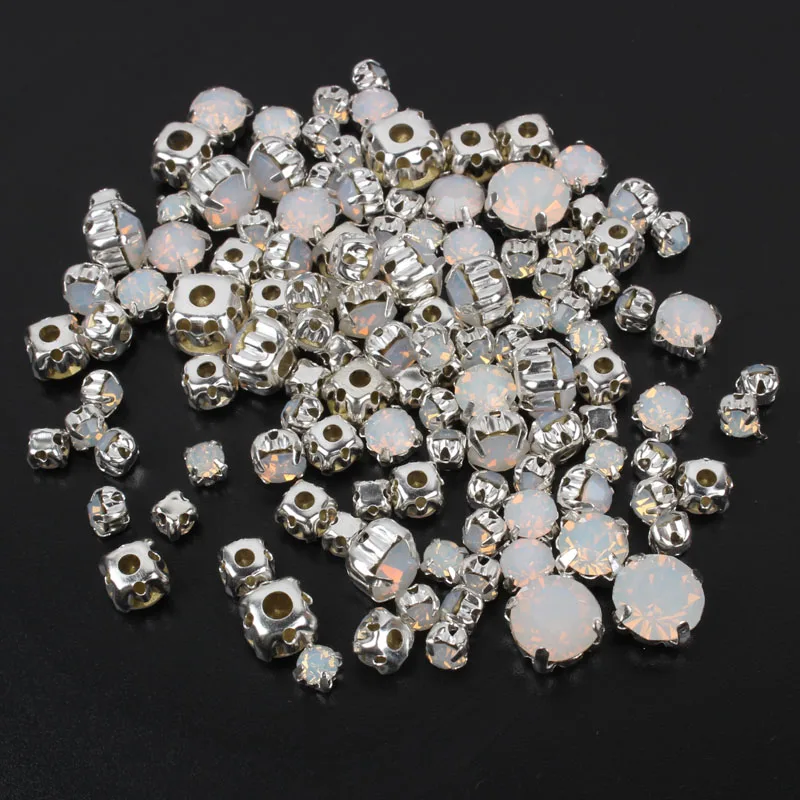 Silver Base Rhinestone Sew on Rhinestones White Opal Mix Size 4mm 8mm