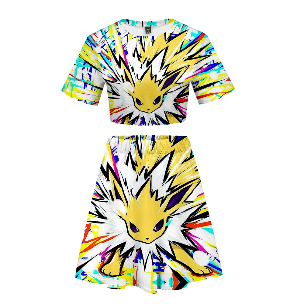 

3D pokemon kawaii sets Printed Women 2 Piece Set Summer Short Sleeve Crop Top+Skirt 2019 Casual Streetwear Clothes plus size