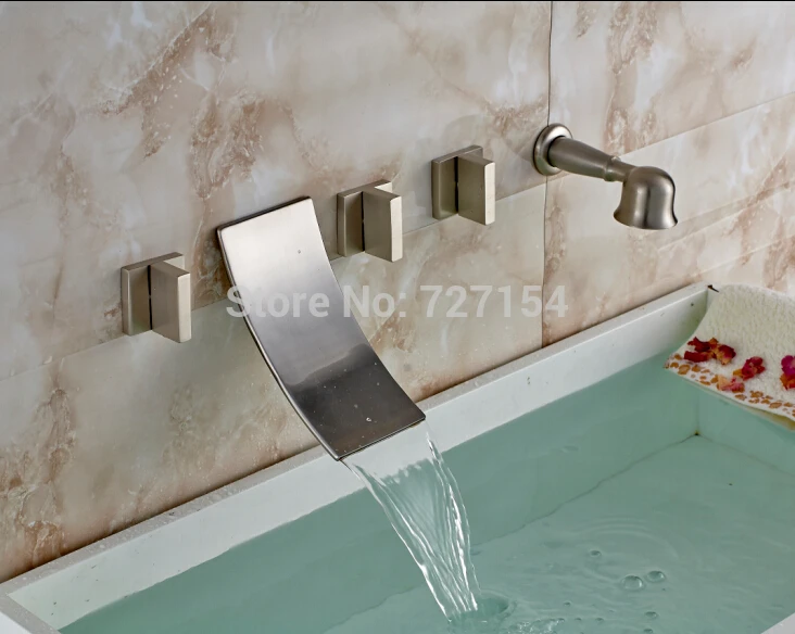 

Nickel Brushed Bathtub Faucet Waterfall Shower Mixer 3 Handles With Hand Shower