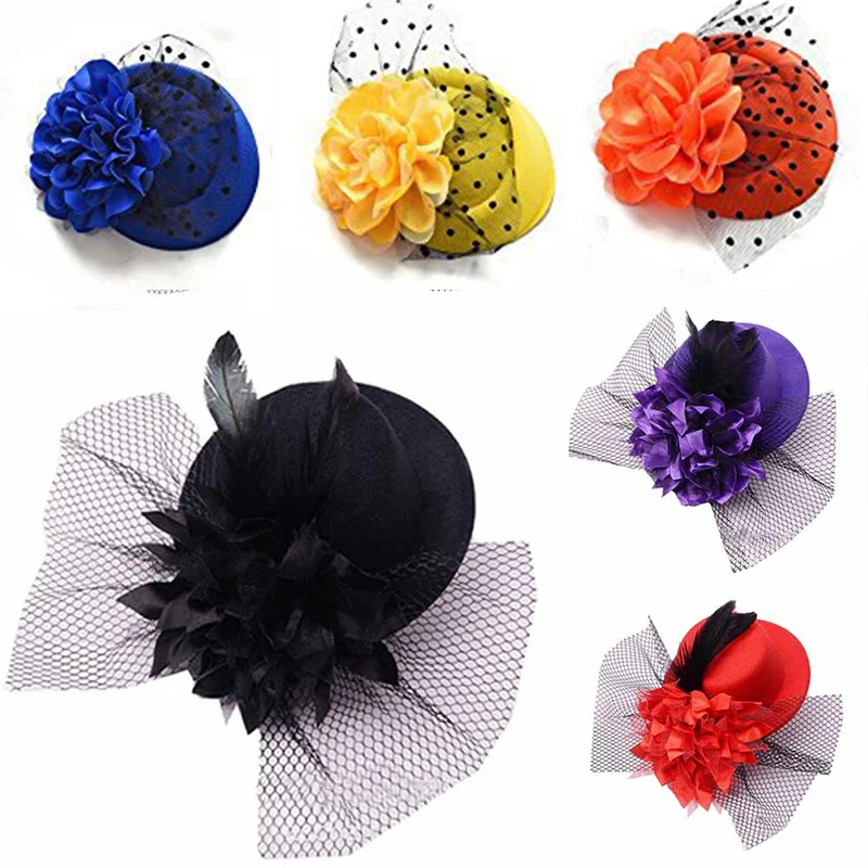 

Hair Clips Flower 17 Colors Ladies Top Hat Cocktail 1PC Fascinator Cap Hairpins Rose Dot Party Veiling