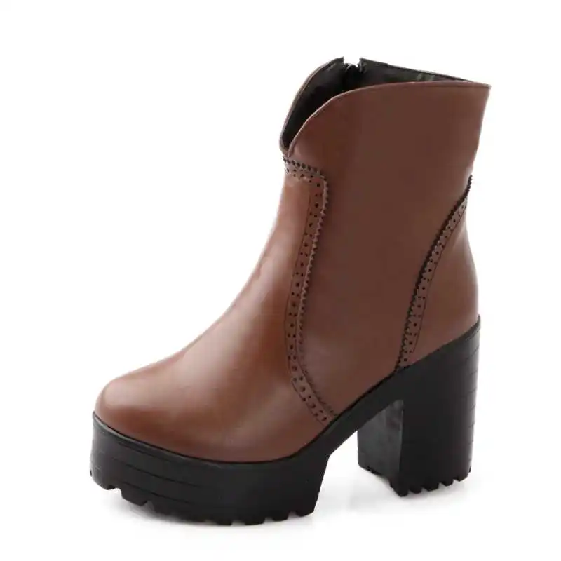 

2016 Retro round toe thick high heels platform slip on solid mid calf women autumn boots sale girls dress more colors shoes