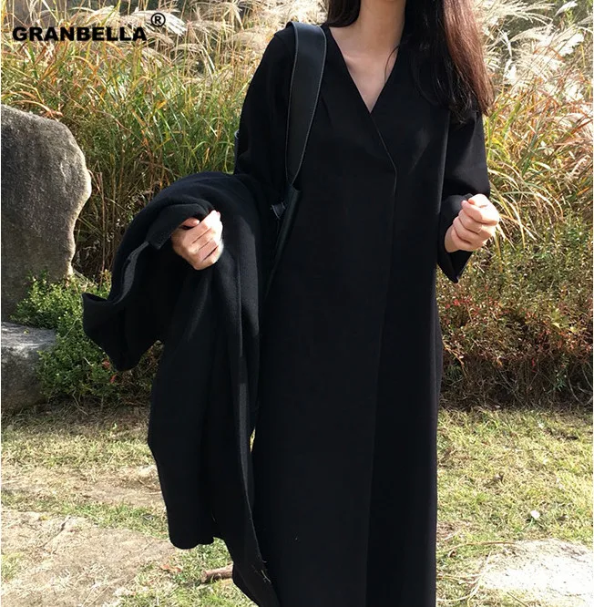 

Korean Style Women Long Dress 2019 Spring Fall New Women Retro Dress Solid Color V-neck Loose Black Dress Female Plus Size