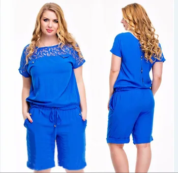 

Europe HOT SALE New Summer Round COLAR Jumpsuit Plus Size Women Lace One-Piece Pants Fashion Playsuits