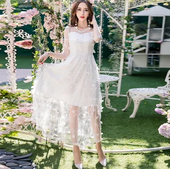 

2017Spring Summer Women 3D mesh floral applique elegant long Dress temperament maxi dress party dress vestido plus size 4XL98583