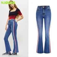Женская одежда высокой талии плотно эластичной в полоску Потертая джинсовая ткань flare Штаны Женские повседневные Модные Узкие Хлопковые джинсы