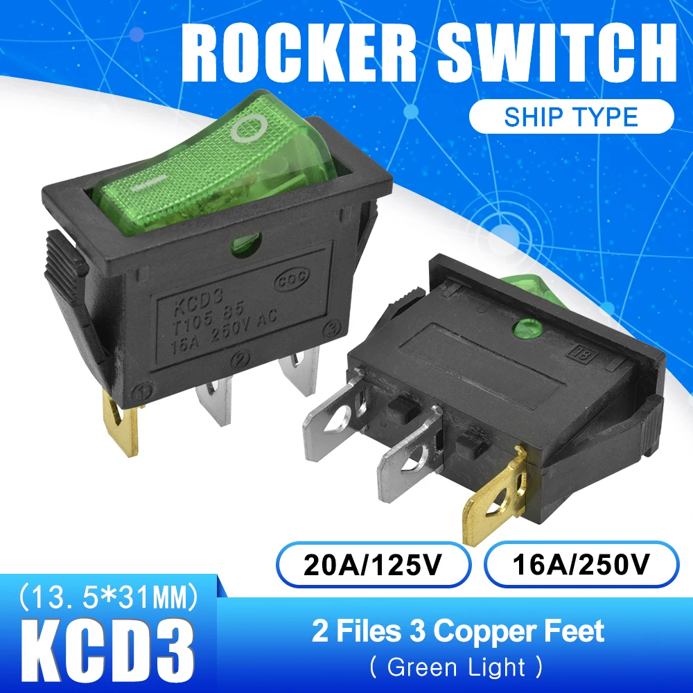 Willwin 10Pcs KCD3-3P Green Illuminated Light 3Pin SPST On/Off Rocker Switch AC 16A/250V 20A/125V 